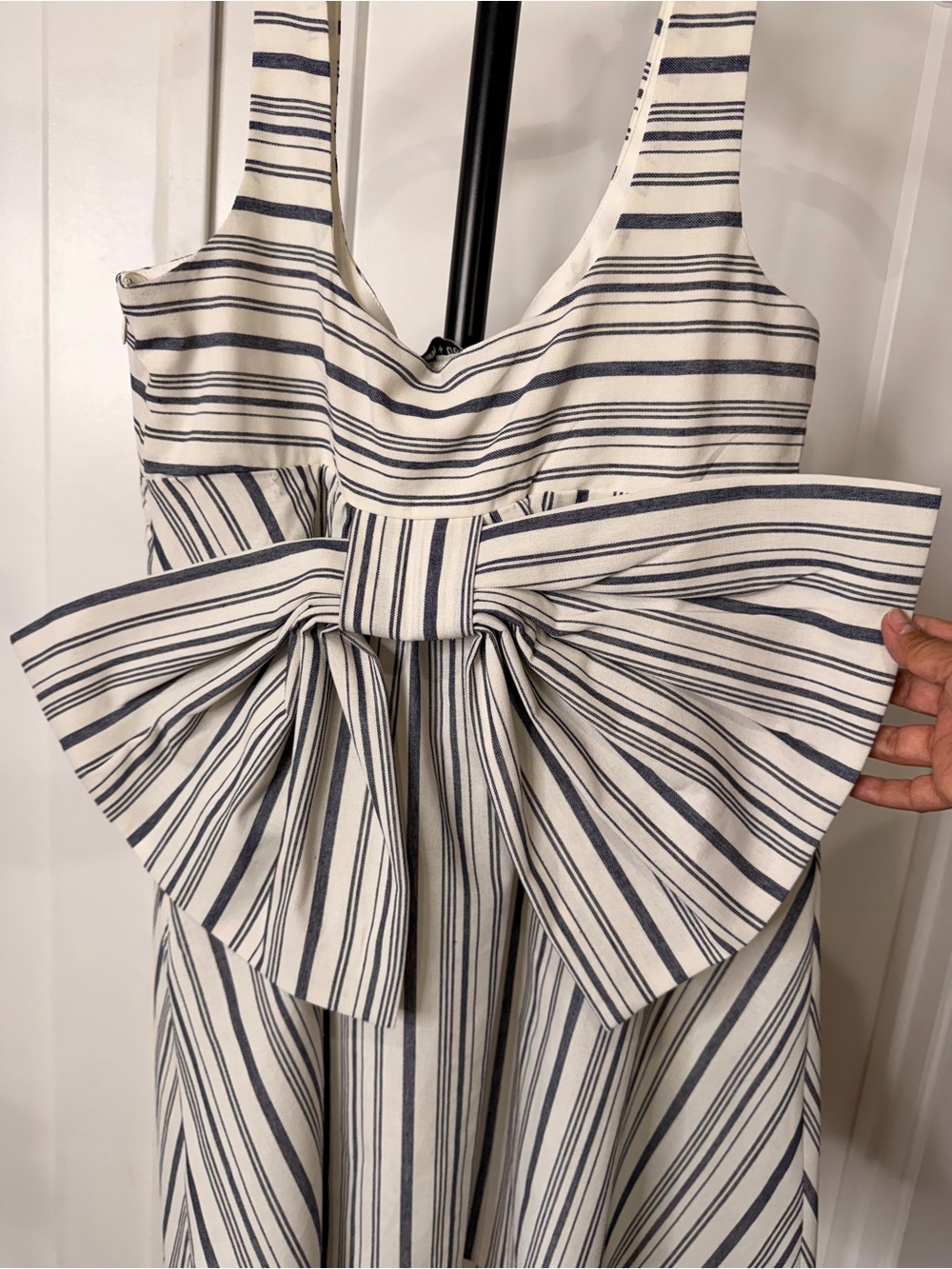 Striped Mini Dress with Statement Bow in Navy and White - Picture 3 of 6